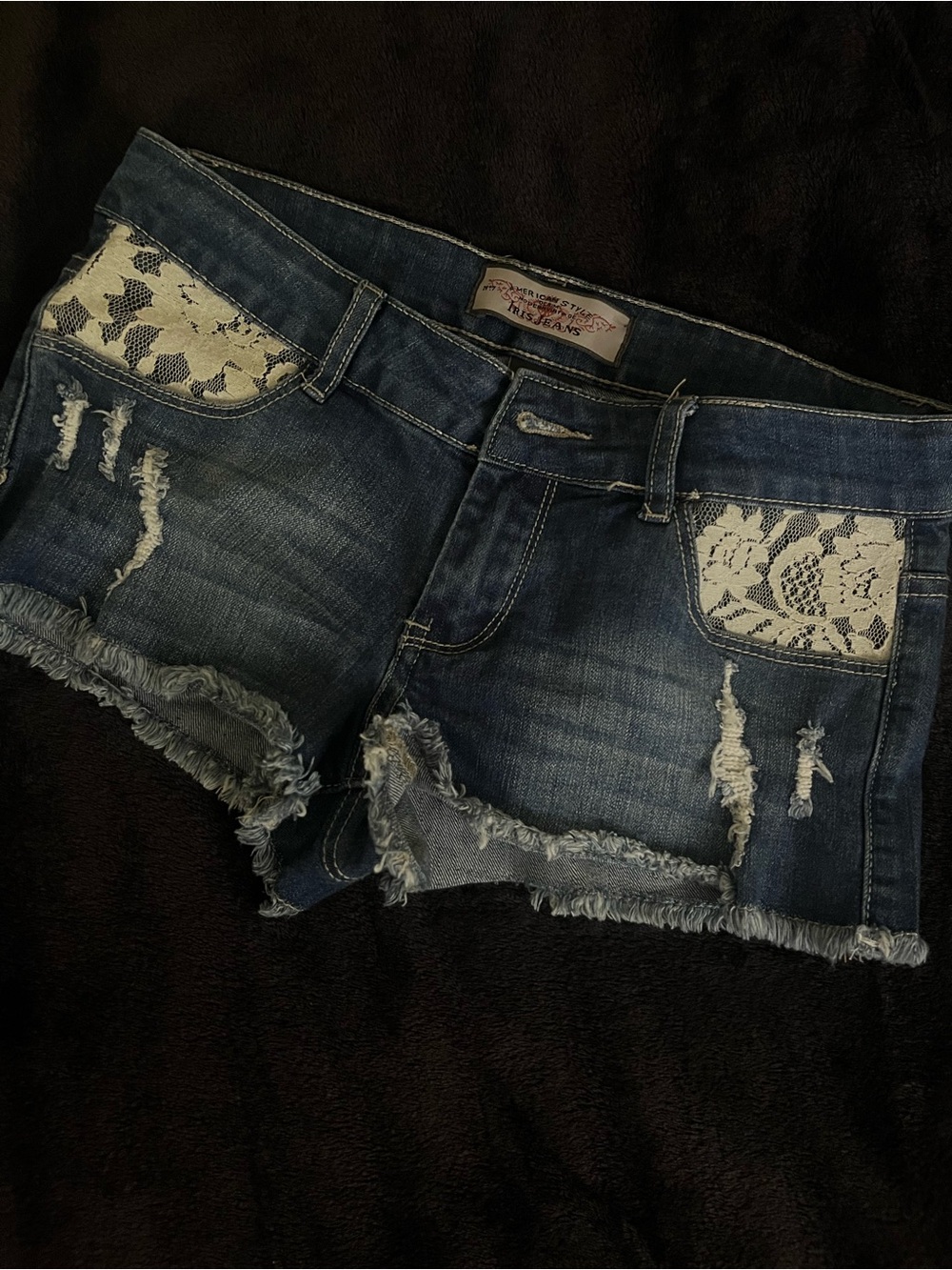 Lace-Inset Distressed Denim Micro Mini Shorts - Blue